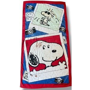 Vtg Peanuts Snoopy Woodstock Beach Towel Large Red Blue White Photography Theme